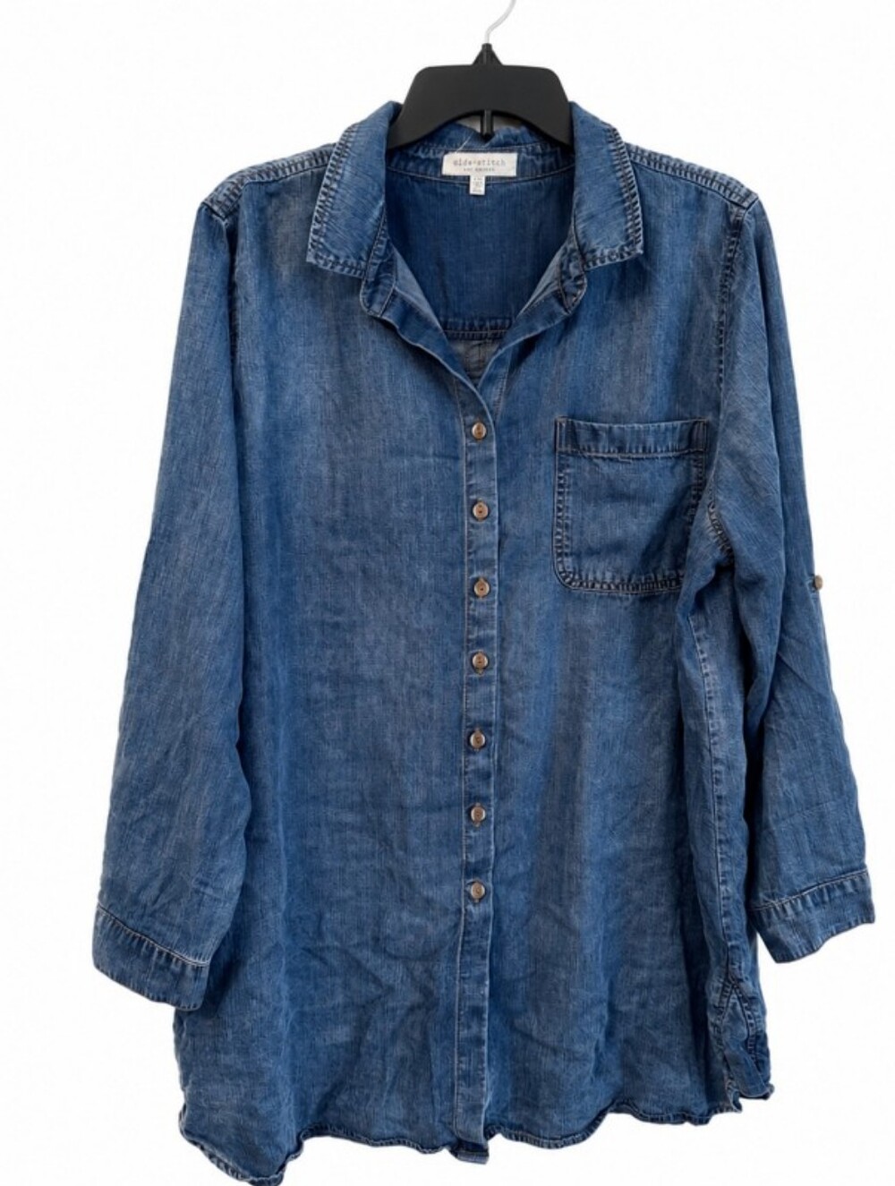 Side Stitch Chambray Button Front Tunic Shirt Women’s PXL Blue Lyocell Roll Tab